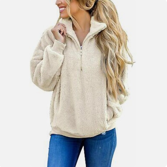 Merokeety Cozy Ivory Sherpa Pullover Quarter Zip Sweater Size Large - Picture 1 of 5